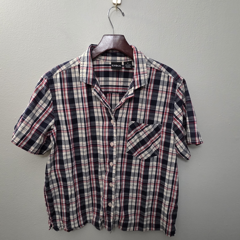 Erika Women's Navy and Red Plaid Button Down Shirt